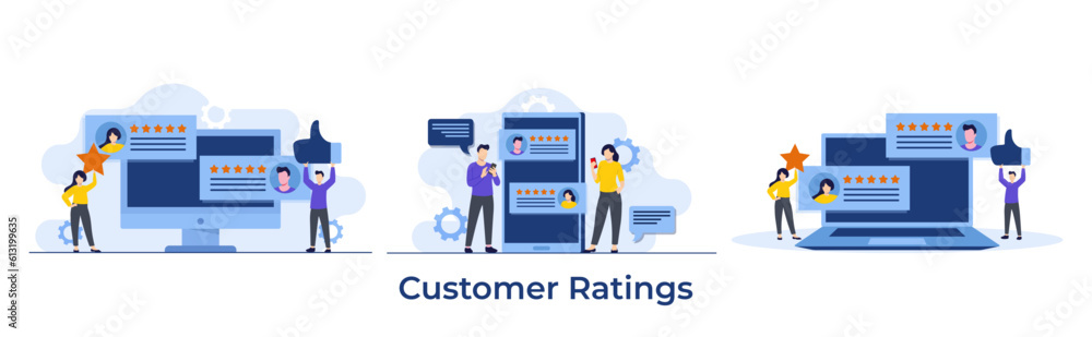 Set of customer review evaluation concepts, Application rating concept, Clients giving rating, customer feedback and reviews, Users leaving likes and stars, Satisfaction concept, Business Success