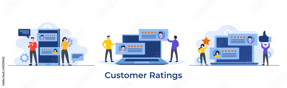 Set of customer reviews and feedback concept, Happy customers leaving positive ratings, Website rating concept, Users showing support by leaving positive ratings for the products and services Set of customer reviews and feedback concept, Happy customers leaving positive ratings, Website rating concept, Users showing support by leaving positive ratings for the products and services