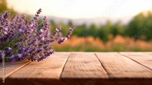 AI generated empty wooden table top against blurred lavender field background