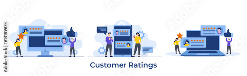 Set of customer review evaluation concepts, Application rating concept, Clients giving rating, customer feedback and reviews, Users leaving likes and stars, Satisfaction concept, Business Success