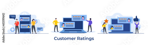Set of customer reviews and feedback concept, Happy customers leaving positive ratings, Website rating concept, Users showing support by leaving positive ratings for the products and services