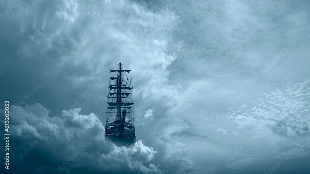 Obraz premium Flying old ship in the stormy dark clouds