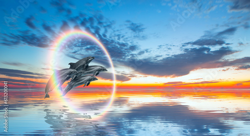 Group of dolphins jumping up from the sea amazing sunset in the background with rounde rainbow © muratart