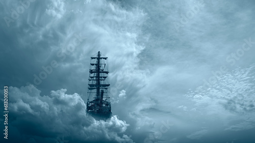 Flying old ship in the stormy dark clouds