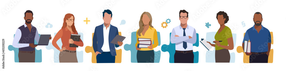 The Team. People at a puzzle elements. The concept of jobs, human resources, teamwork, solving problem. Vector flat illustration. The Team. People at a puzzle elements. The concept of jobs, human resources, teamwork, solving problem. Vector flat illustration.