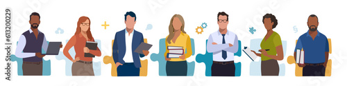 The Team. People at a puzzle elements. The concept of jobs, human resources, teamwork, solving problem. Vector flat illustration. 