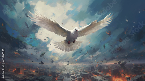 A white dove in flight that is a symbol of peace or World Peace day. Background is the sky, blue theme.