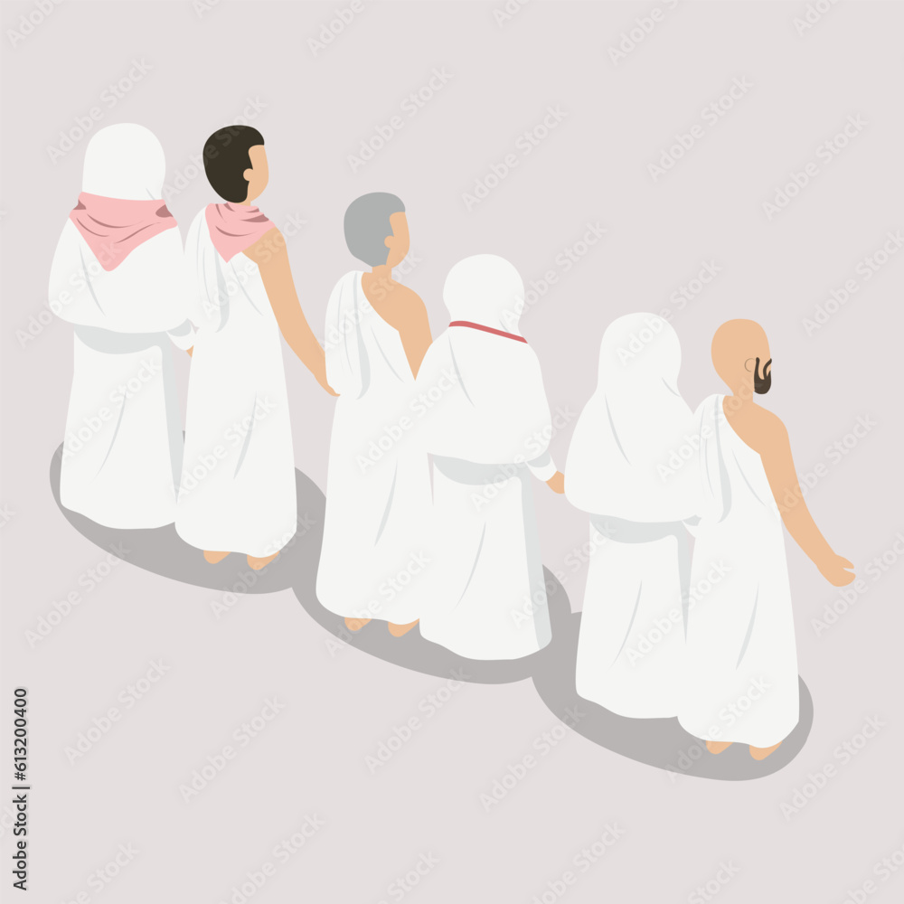 Muslim People, Moslem Couple Wearing Ihram Umrah Hajj Illustration from back side Muslim People, Moslem Couple Wearing Ihram Umrah Hajj Illustration from back side