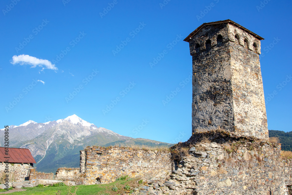 View of a village with old Svan towers in Georgia. travel in the mountains