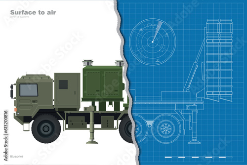 Air defense missile system drawing. Surface to air 3D rocket launcher. Anti aircraft military vehicle. Front and side view of army truck. Industrial outline blueprint