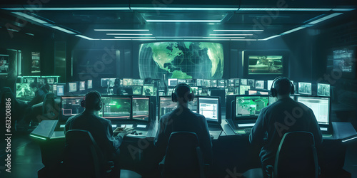 A team of cybersecurity experts in a control room, analyzing data on multiple screens. Generative ai.