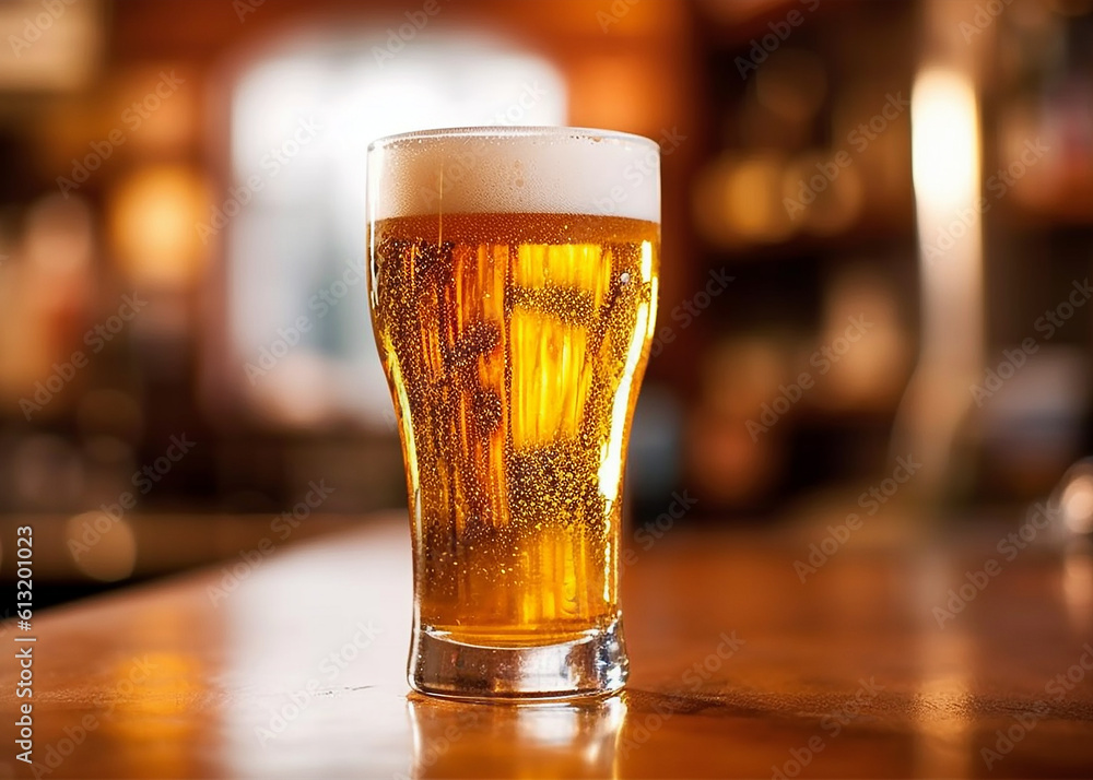 A pint of beer in the bar, close up to the beer, beer in a glass A pint of beer in the bar, close up to the beer, beer in a glass