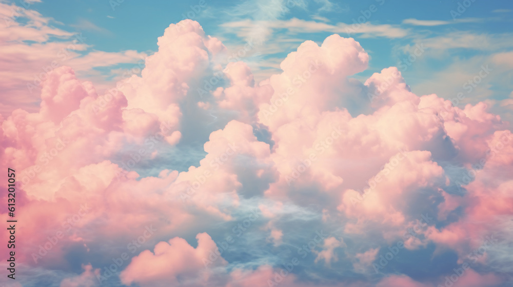 Sky background with white and pink clouds at dawn or sunset in pastel vintage style. Generative AI art Sky background with white and pink clouds at dawn or sunset in pastel vintage style. Generative AI art