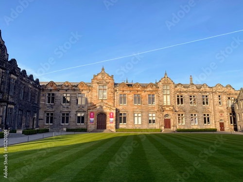 A view of St. Andrews university and the beautiful campus with old architecture and scenic gardens, in St. Andrews, Scotland