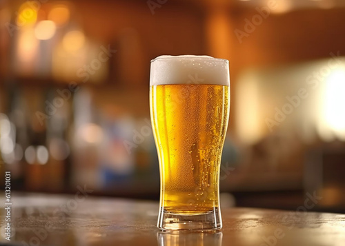 A pint of beer in the bar, close up to the beer, beer in a glass