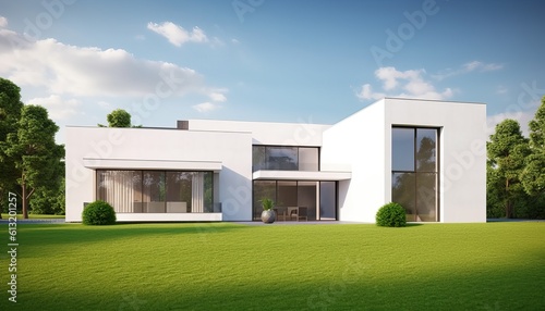 Boxes house exterior with grass and blue sky.3d rendering