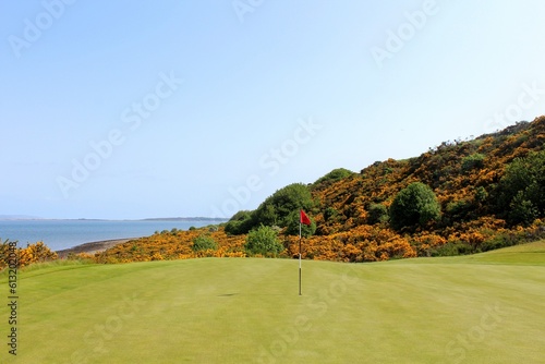 An incredible view of a golf hole in Scotland with the ocean in the background in Inverness, in the highlands of Scotland during spring with the gorse bush in full yellow bloom and beside the ocean