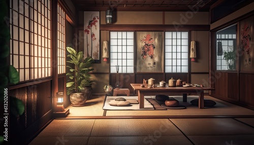 Traditional japanese tea room interior with tatami mats and sun light.3d rendering
