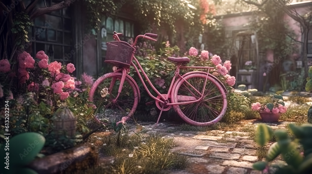 Old pink bike in the garden, generative AI.