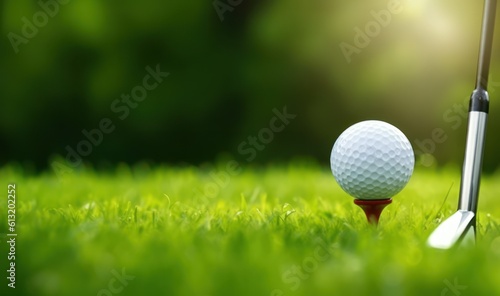 Golf ball and golf club on green grass with bokeh background, Generative AI