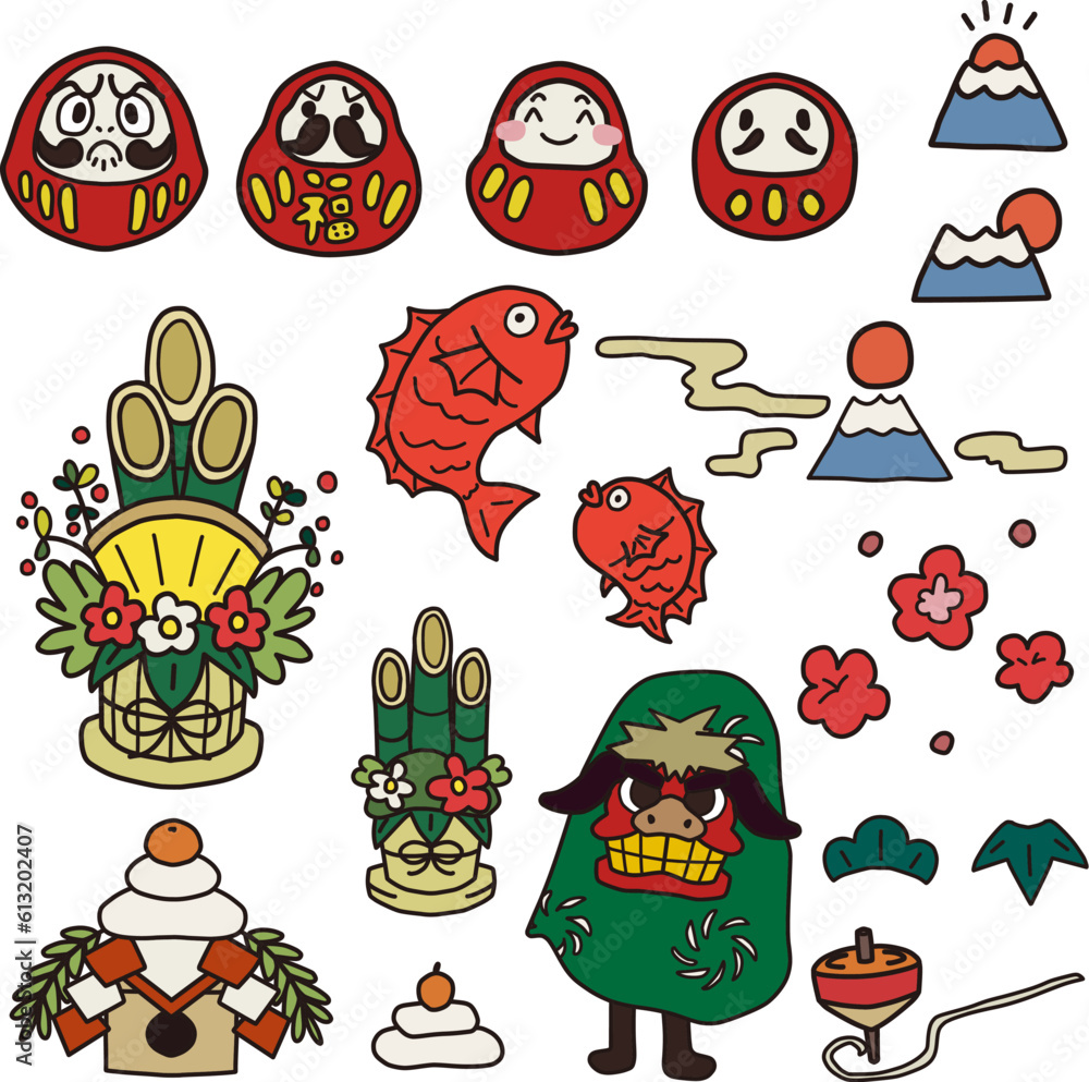 Fototapeta premium 正月をイメージした小物カラーイラストセット