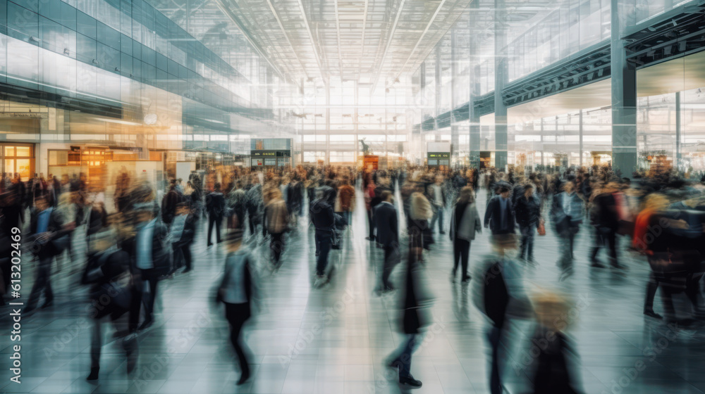Dynamic Airport Terminal: Rushing People in Motion Blur. Generative AI. Dynamic Airport Terminal: Rushing People in Motion Blur. Generative AI.