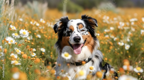 Funny dog in a field among flowers, generative AI. © puhimec