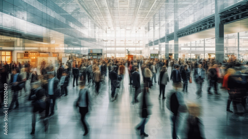 Dynamic Airport Terminal: Rushing People in Motion Blur. Generative AI.