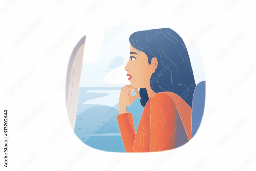 window woman transportation character seat plane passenger journey happy trip flight. Generative AI.