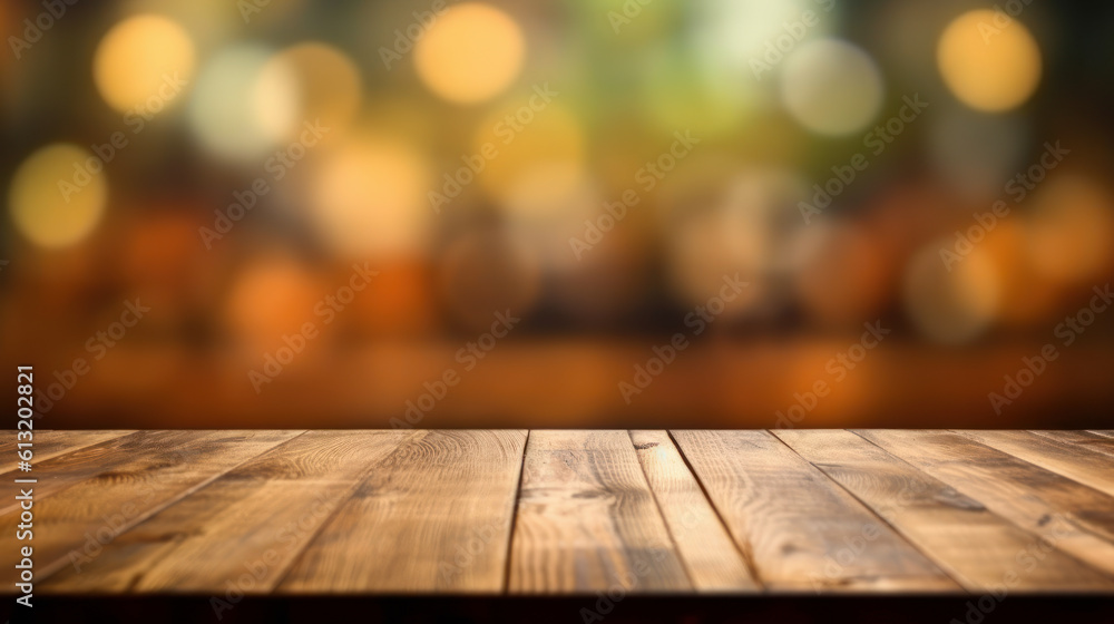 Empty wooden table top with blurred bokeh background, perfect for product dispay concept design. Generative AI