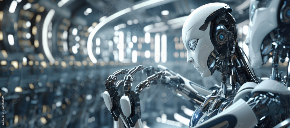 Fototapeta premium Factory Automation: Future AI Smart Robot in Industrial Setting. Generative AI.