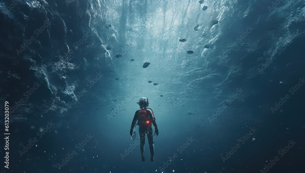 the diver is swimming on a dark ocean floor with an inky blue ocean ...