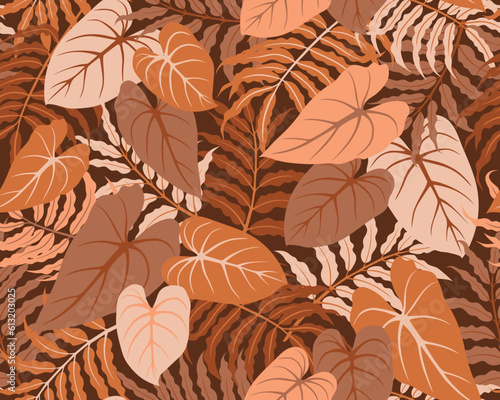 Seamless exotic pattern with plants and leaves. Jungle vector hand drawn illustration. Tropical floral background in brown palette. Design for wallpaper, fabric, interior decor, apparel
