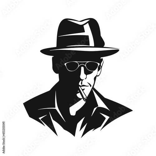 Silhouette of a mysterious man in a hat with a mustache in glasses with a cigarette. Retro style vector illustration of noir gentleman. Mafia icon symbol logo isolated on white background