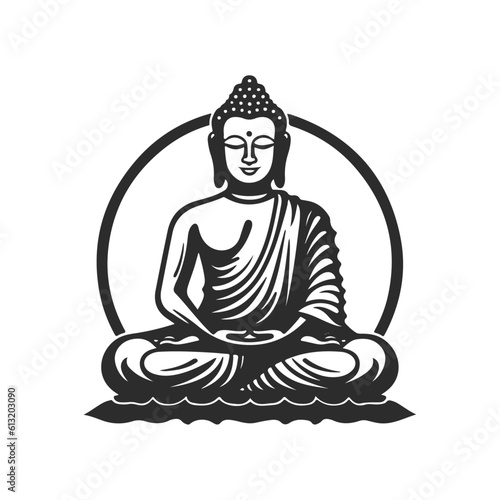 Vector silhouette of Buddha statue line drawing. Sketch of meditating buddah statue. Vector illustration isolated on white keep calm