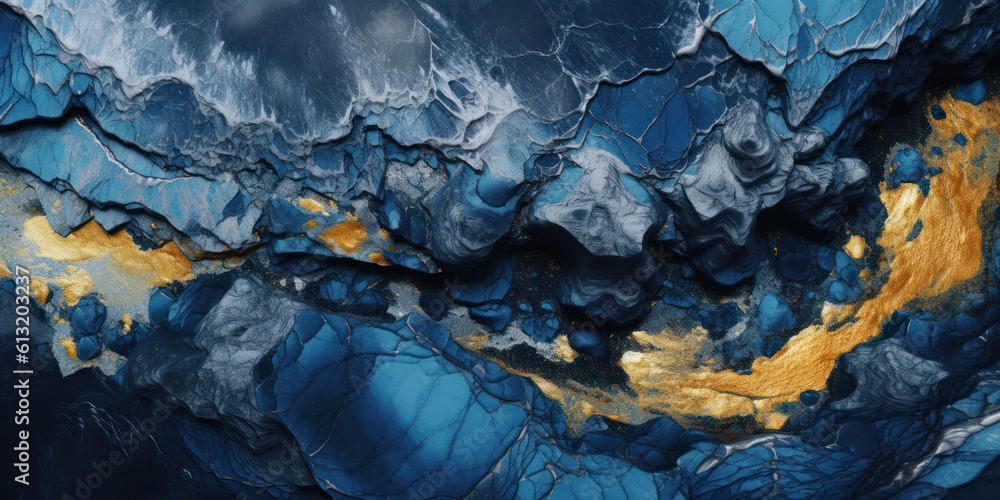 marble stone with a gold vein and sapphire blue. Geode wallpaper background with a vivid graphite texture. Generative AI