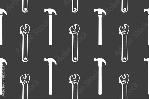Vector hammer and wrench pattern seamless black on white print of tools for construction and repair 