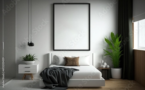 modern bedroom interior Empty picture frame mockup on a wall