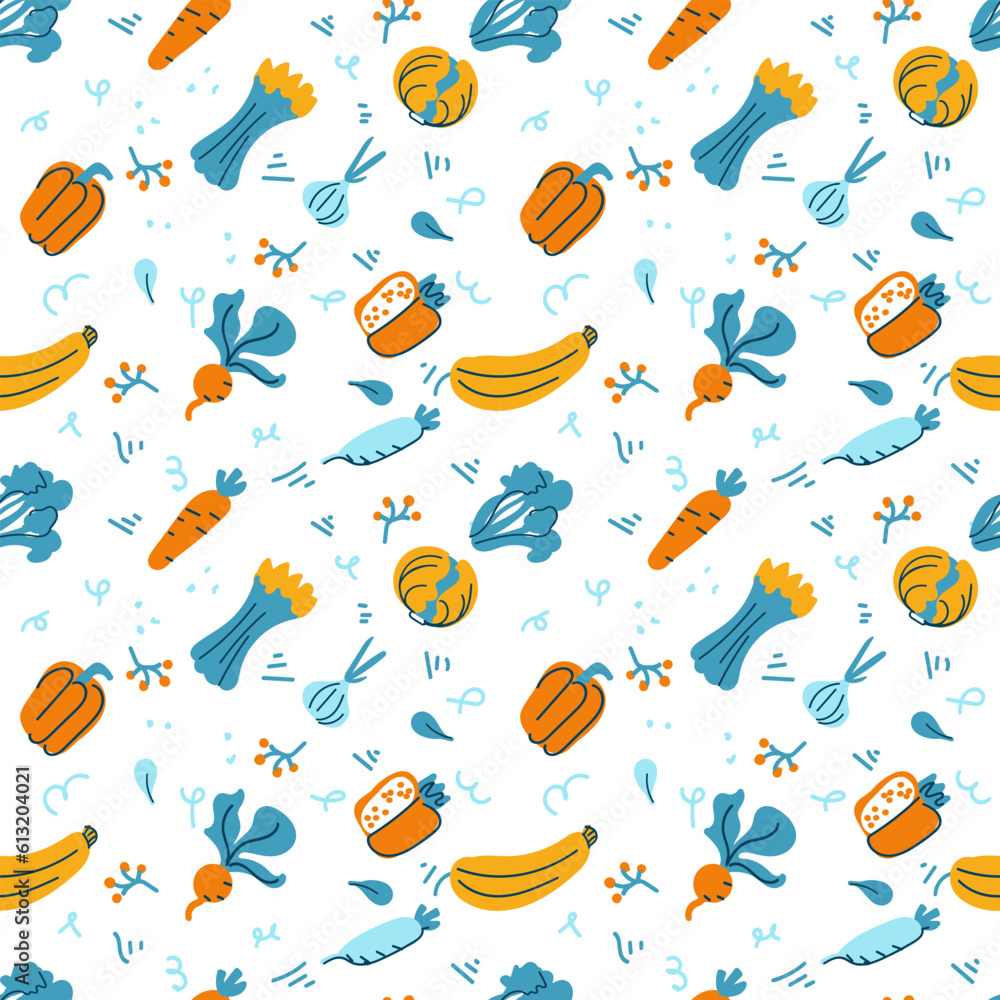 Seamless vector background with various fruits and vegetables