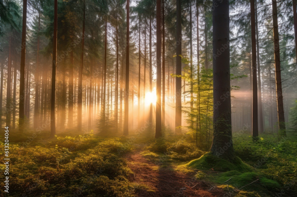 Fototapeta premium Misty morning in the forest. Sun rays through the trees, Generative AI