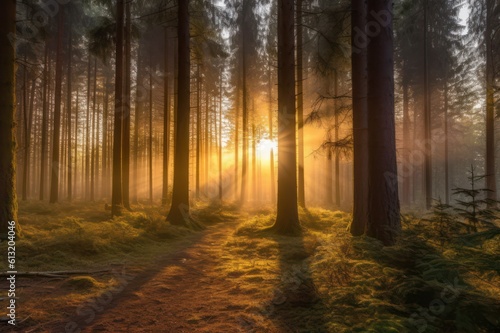 Misty morning in the forest. Sun rays through the trees, Generative AI