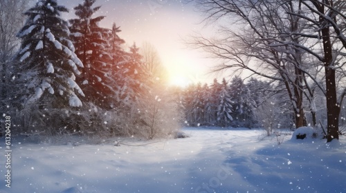 Beautiful winter landscape with snow covered trees, Generative AI