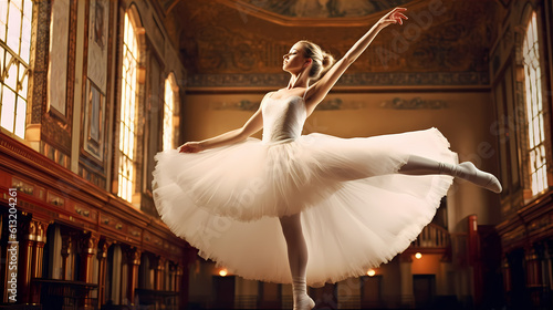 Young ballerina gracefully leaping in mid-air, her ballet slippers pointed and her arms extended, generative ai photo