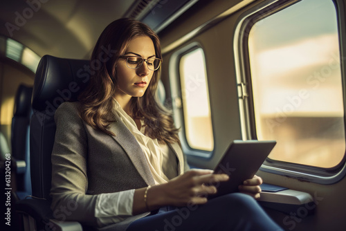 Businesswoman using digital tablet on train. Generative AI © Miquel