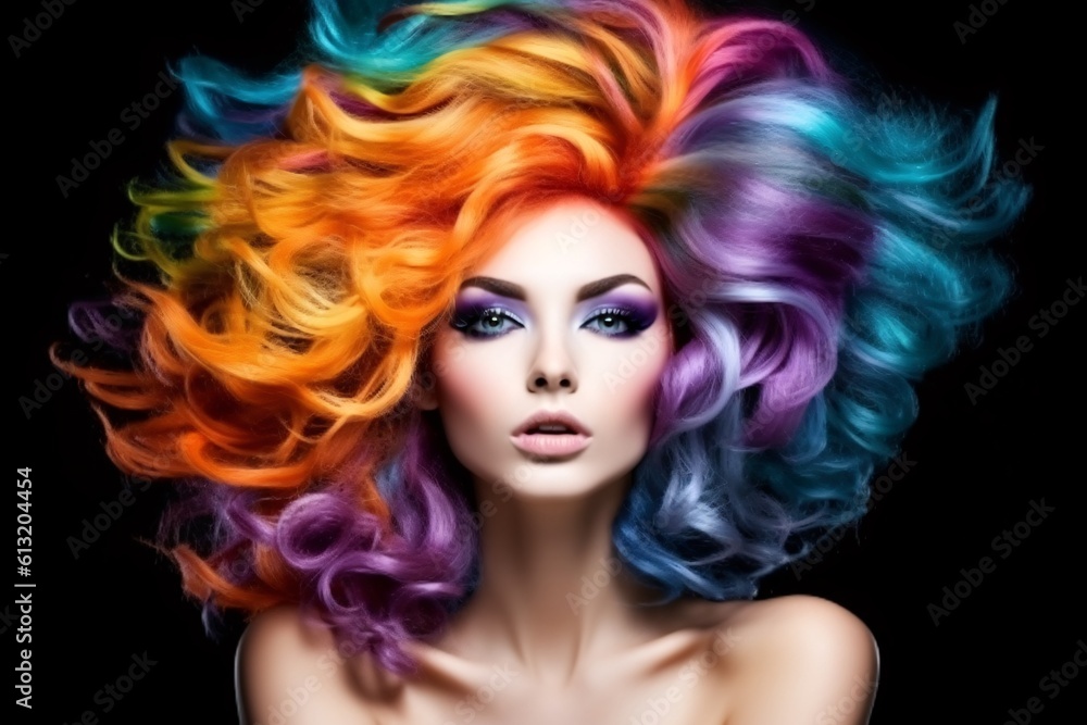 Beautiful woman with multi-colored rainbow hair and creative make up and hairstyle. Beauty face. Generative Ai. Beautiful woman with multi-colored rainbow hair and creative make up and hairstyle. Beauty face. Generative Ai.