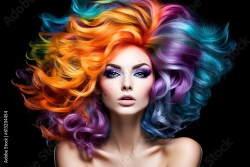 Beautiful woman with multi-colored rainbow hair and creative make up and hairstyle. Beauty face. Generative Ai.