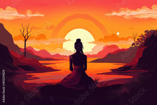 young woman silhouette enjoy beautiful sunset by river illustration Generative AI