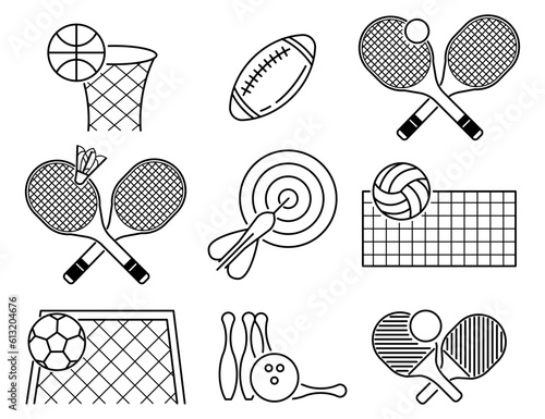 Set of sport icons in modern thin line style. Basketball, rugby, tennis, badminton, darts, volleyball, football, table tennis. High quality black outline activity symbols for website and mobile app de