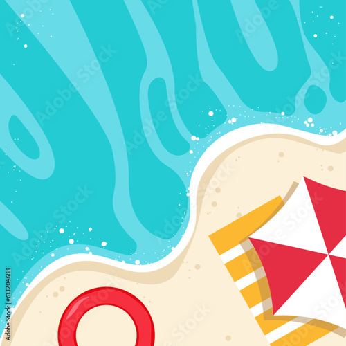 Hello summer. Vector beach with umbrella and towel.
