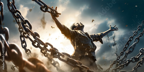 Person breaking free from chains or constraints, representing liberation and newfound freedom. Generative ai. photo